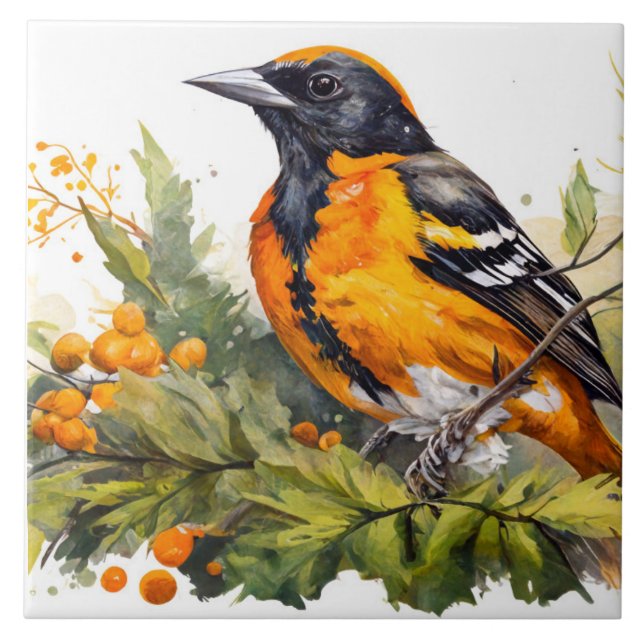 Baltimore Oriole på Gren i Berries Kakelplatta (Framsidan)
