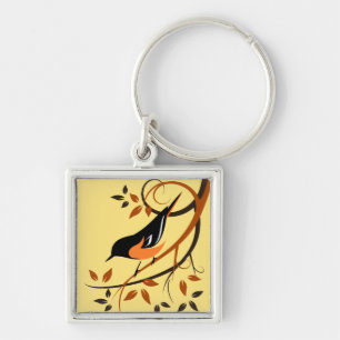 Baltimore Oriole Stylized Bird Design Fyrkantig Silverfärgad Nyckelring