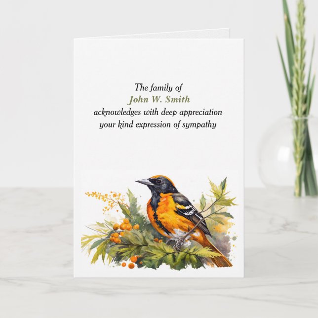 Baltimore Oriole Sympathy Tack från familjen Kort (Framsida)
