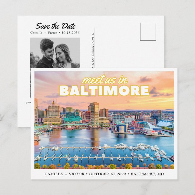 Baltimore Save the Date Retro Skyline Postcard Vykort (Fram/baksida)