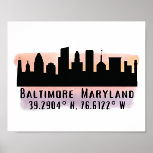 Baltimore Skyline Latitude och Longitud Poster