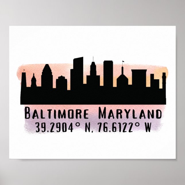 Baltimore Skyline Latitude och Longitud Poster (Framsidan)