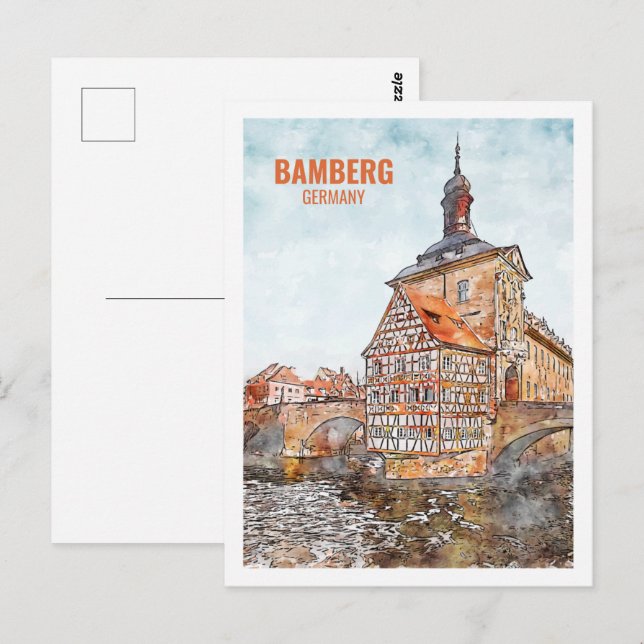 Bamberg Tyskland Berömd Travel Ställe Watercolor Vykort (Fram/baksida)