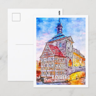 Bamberg Tyskland Travel Ställe Watercolor Vykort