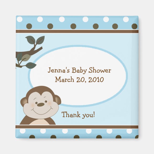 Bambino Cute Monkey Blue Favor Baby Shower Magnet (Framsidan)