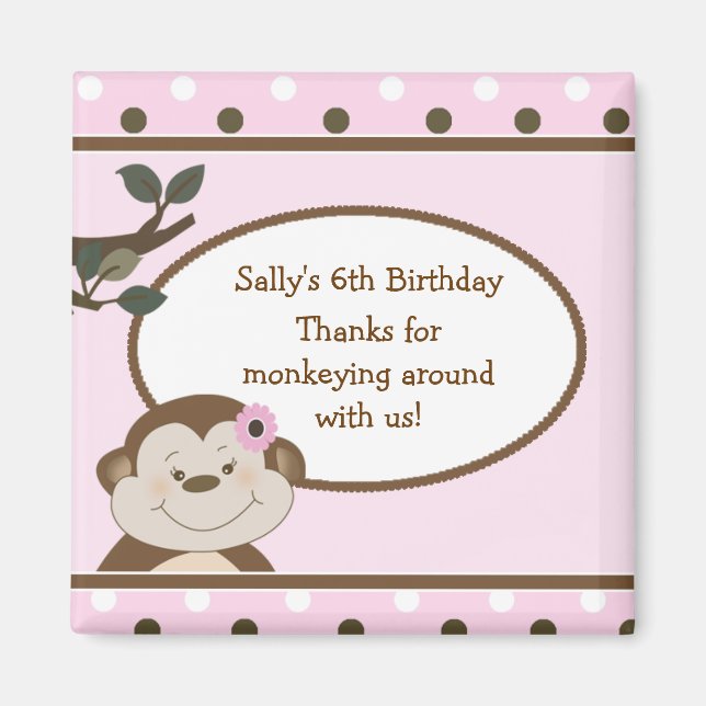 Bambino Cute Monkey Rosa Favor BIrthday Magnet (Framsidan)