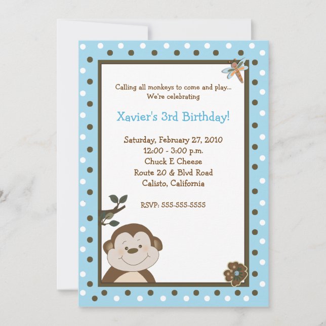 Bambino Monkey 5x7 Blue Birthday-inbjudningar Inbjudningar (Framsida)