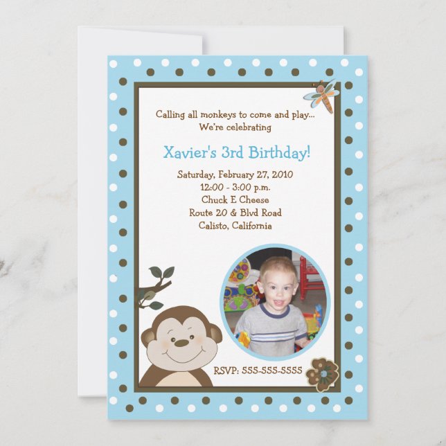 Bambino Monkey 5x7 Blue PHOTO Birthday Inbjudningar (Framsida)