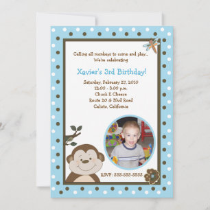 Bambino Monkey 5x7 Blue PHOTO Birthday Inbjudningar