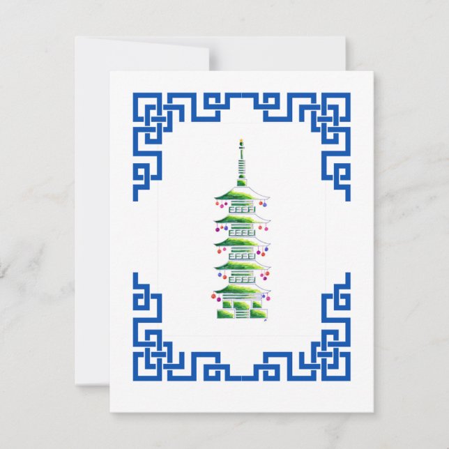 Bamboo Chinoiserie Pagoda Christmas Tree Note Card Anteckningskort (Framsida)