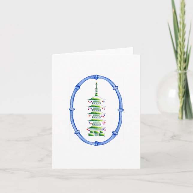Bamboo Chinoiserie Pagoda Christmas Tree Note Card Tack Kort (Framsida)