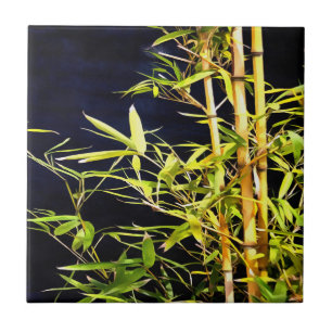 Bamboo Foliage Tropical Art on Black Kakelplatta