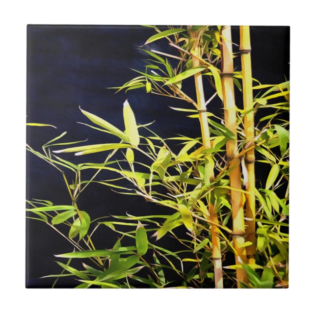 Bamboo Foliage Tropical Art on Black Kakelplatta (Framsidan)