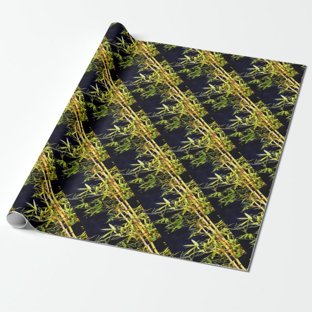 Bamboo Foliage Tropical Art on Black Presentpapper (Utrullad)