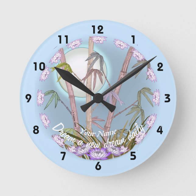 Bamboo Lotus Måne Rund Klocka (Framsida)