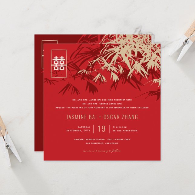 Bamboo Löv Dubbla Happity Chinese Bröllop Inbjudningar (Fram/Back In Situ)