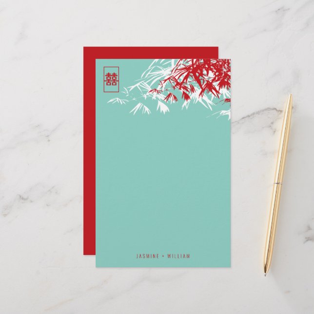 Bamboo Löv + Dubbla Xi Blue Bröllop Stationery Brevpapper (Fram/Back In Situ)