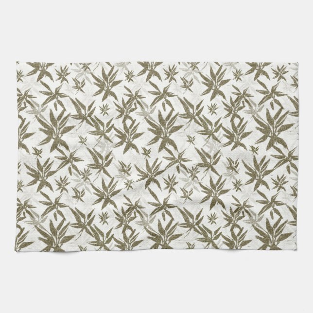 Bamboo på vitbladen - sömlös yta mönster. kökshandduk (Horisontell)