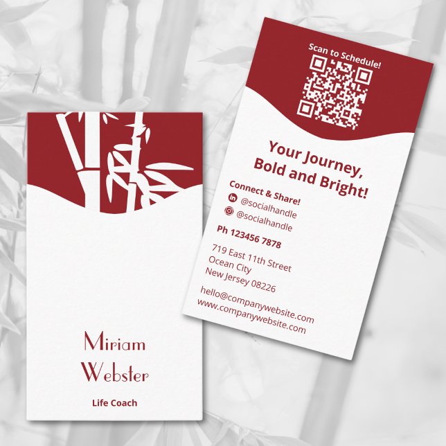 Bamboo Red White Life Coach Porträtt Personal Visitkort (Bamboo Red White Life Coach Portrait Personal Business Card, QR code, Tagline, Connect)