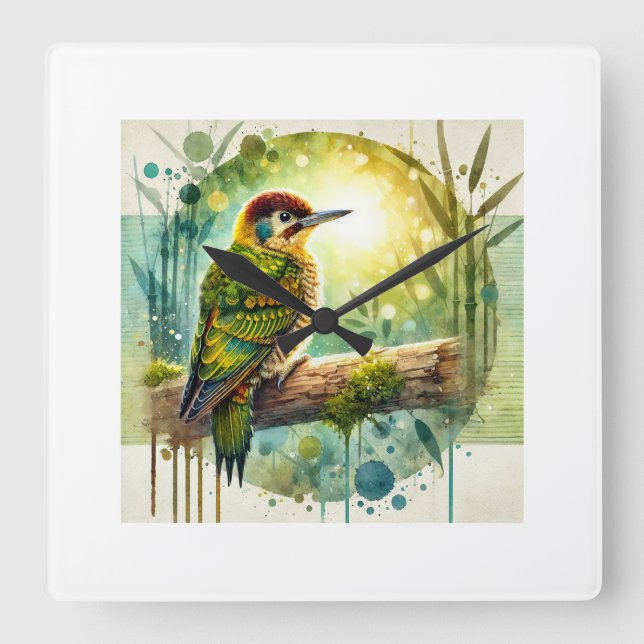 Bamboo woodpecker 110924AREF101 - Watercolor Fyrkantig Klocka (Framsida)
