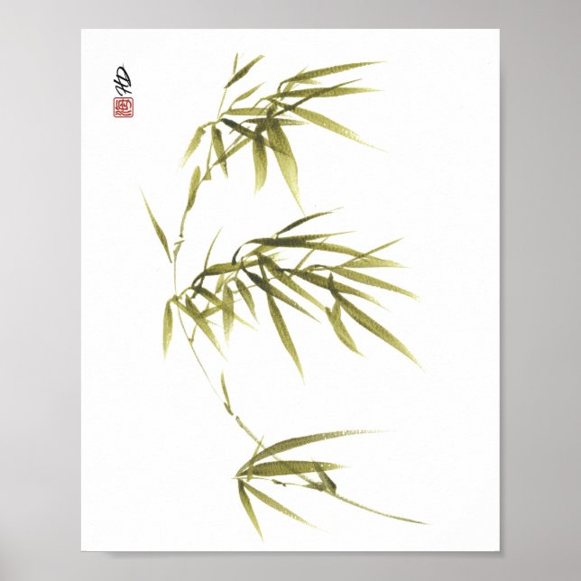 Bambu blad i brisen Kinesisk borstkonsttryck Poster (Framsidan)