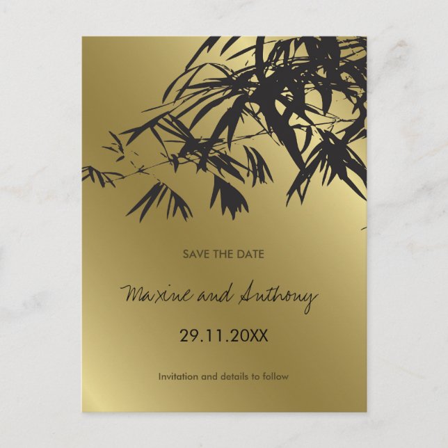 Bambu Blad Svart + Guld Spara Datum Postkort Meddelande Vykort (Framsida)