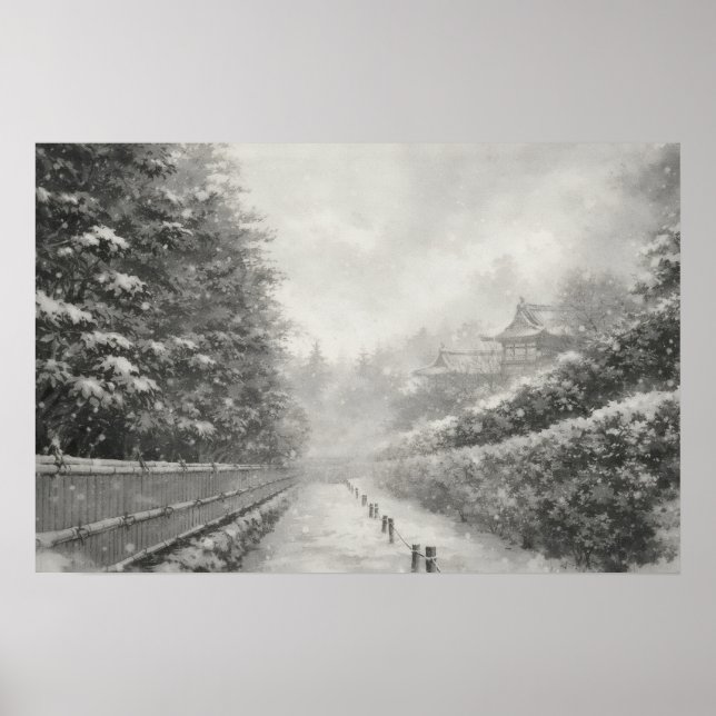 Bambuväg i snö – Yang | Japansk Zen-väggkonst Poster (Framsidan)