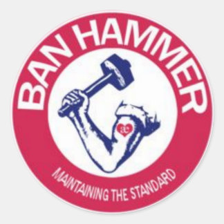 BAN HAMMER STICKERS RUNT KLISTERMÄRKE