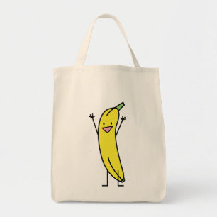 Banan som är lycklig som firar och glädjande tygkasse