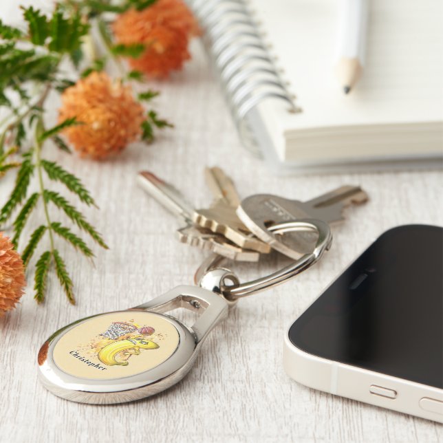 Banana Slam dunk Energetic Fruitarian Theme taken Ovalt Silverfärgad Nyckelring (Sidan)
