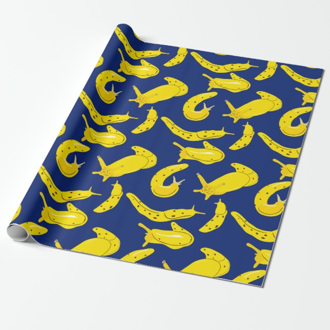 Banana Slugs Bright Gult, Royal Blue Patterned Presentpapper (Utrullad)