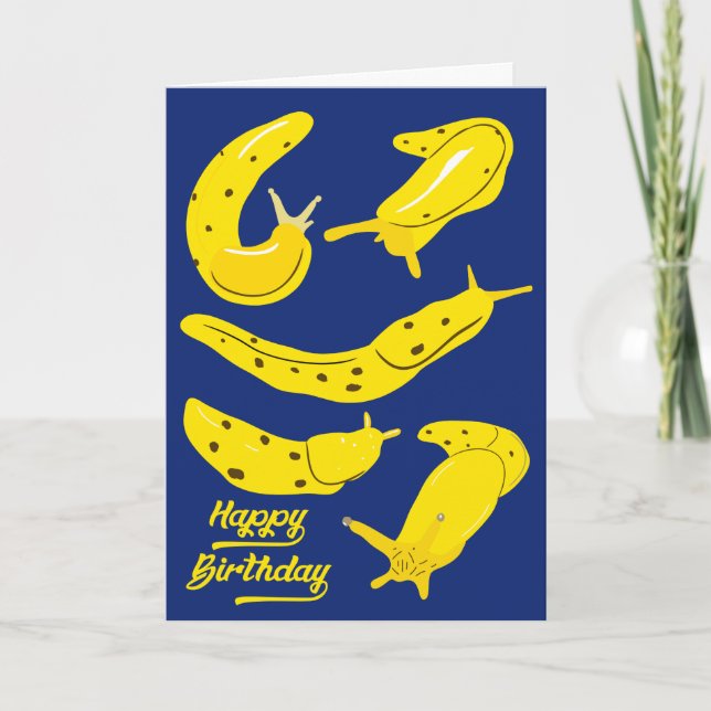 Banana Slugs Gult och Royal Blue Birthday Kort (Framsida)