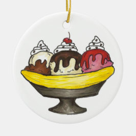 Banana Split Ice Cream Social Sundae Dessert Julgransprydnad Keramik