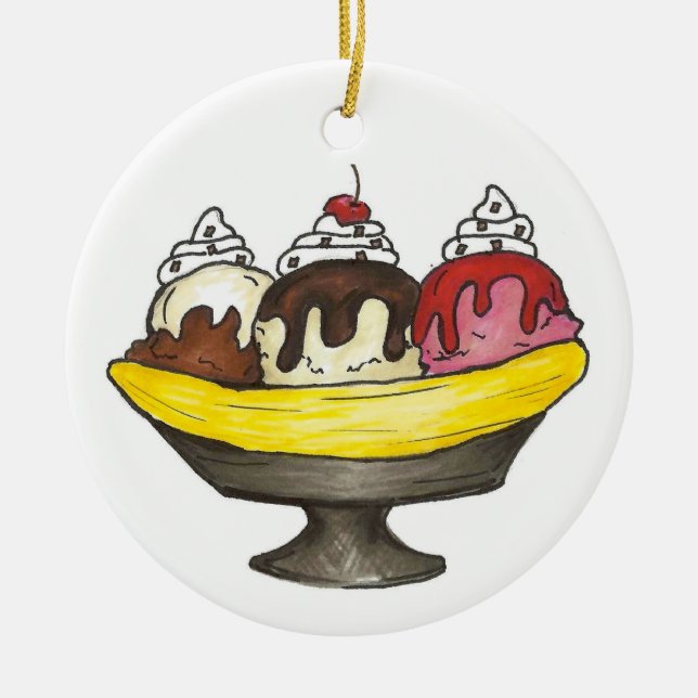 Banana Split Ice Cream Social Sundae Dessert Julgransprydnad Keramik (Framsidan)