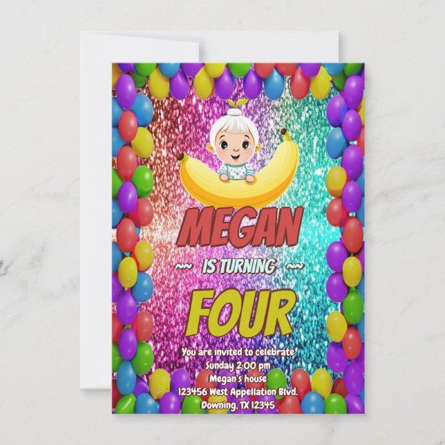 Banana tecknad födelsedag inbjudan för barn (Framsida)