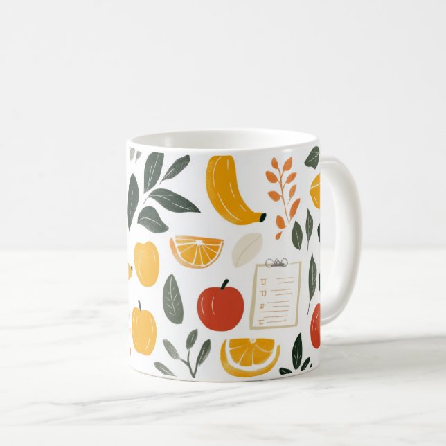 Bananer, äpplen och apelsinskivor.  kaffemugg (Framsida höger)
