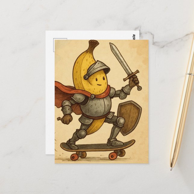 Banankapten på skateboard Whimsy vykort (Fram/Back In Situ)
