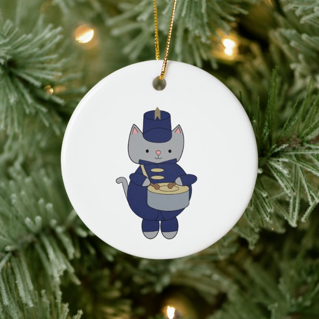 Band Drummer Cat Navy Blue Gold Personalize Julgransprydnad Keramik (Träd)