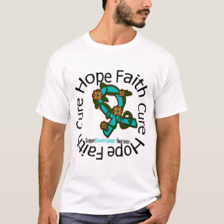 Band för blomma för cancer för hopptrobot Ovarian T Shirt