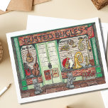 Band Instrument Music Shop - vattenfärg Vykort<br><div class="desc">Skicka någon en speciell anteckning med det här bandinstrumentets vykort med en originalfärgmålning av en quaint, gammal musikaffär i stan. Busted Bugles Music Shop, har en jazzistisk visning av blanka brass- och stränginstrument. En tyst scen, denna välkända storefront är stängd nu, bevakad av två statyer av rävar som spelar saxofon...</div>