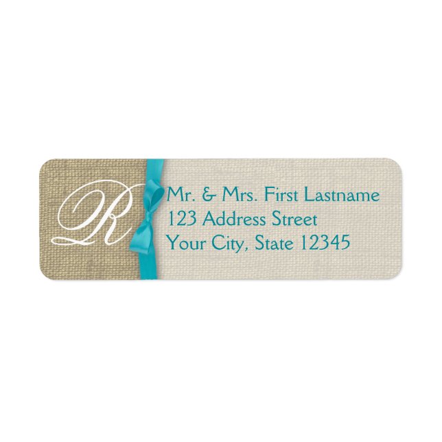 Band och Burlap Blue Monogram Returadress Etikett (Framsidan)