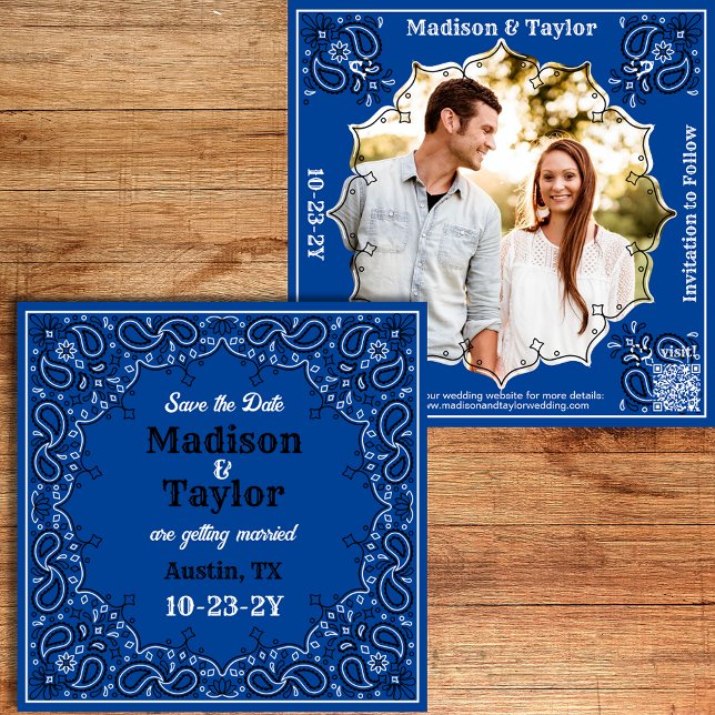 Bandana Photo Flat Save Date Card Spara Datumet (Classic blue bandana Save the Date with your photo and a QR code.)