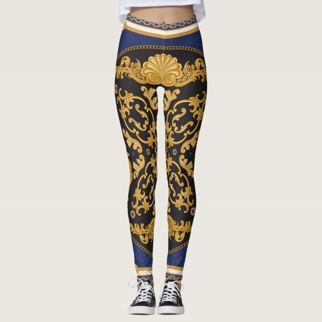 Bandana Print: Black Blue Guld. Leggings (Framsida)
