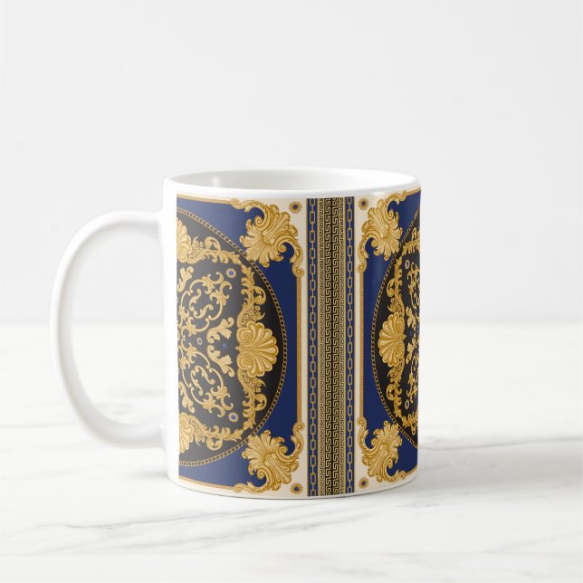 Bandanavtryck på svart och blå bakgrund, Guld c Kaffemugg (Vänster)