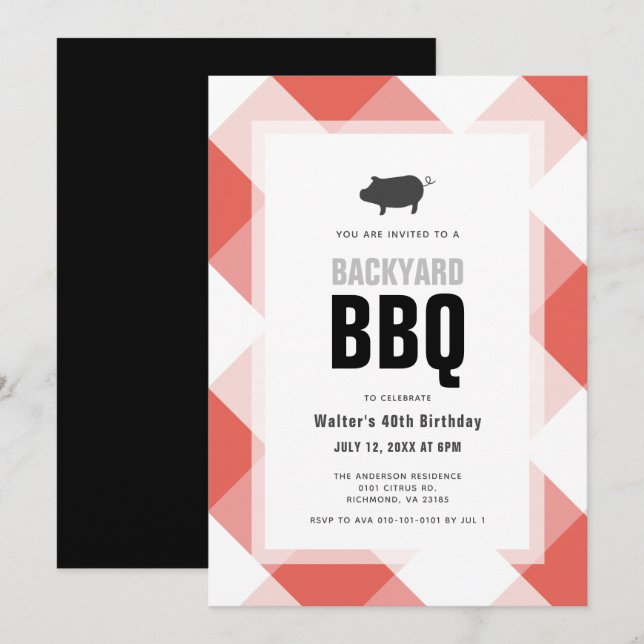 Banddag för BQ Gris Roast Red Gingham Vuxen  Inbjudningar (Fram/baksida)