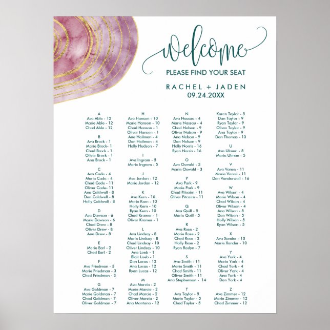 Banded Gemstone Mauve Alphabetical Seating Chart Poster (Framsidan)