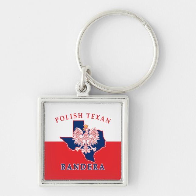 Bandera polska Texan Fyrkantig Silverfärgad Nyckelring (Framsidan)