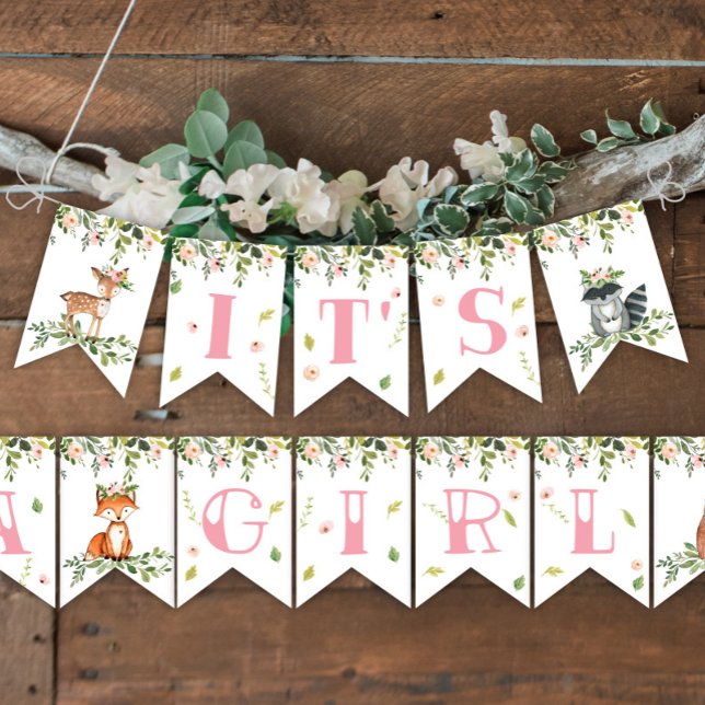 Banderines Cartel: es un Baby Shower Chica de Wood Vimplar (IT'S A GIRL WOODLAND BANNER)