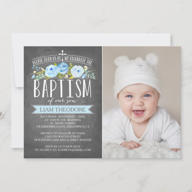 Banderoll Baptism i Ro Banner Chalkboard Blue Bapt Inbjudningar (Framsida)
