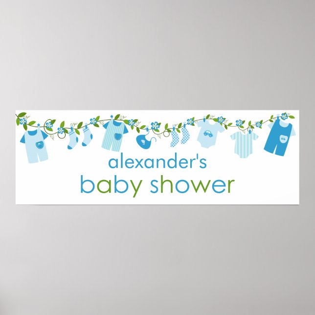 Banderoll för Blue Baby Clothesline Baby Shower Ba Poster (Framsidan)